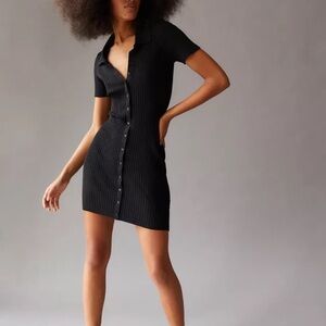Urban Outfitters Ribbed Knit Polo Mini Dress black